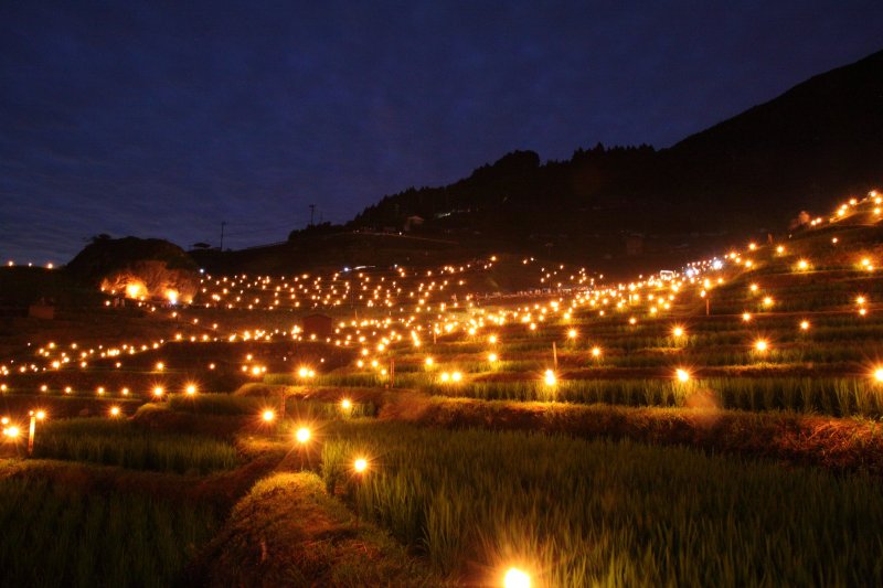 丸山千枚田伝統の虫送りの様子を近くから撮影した風景
