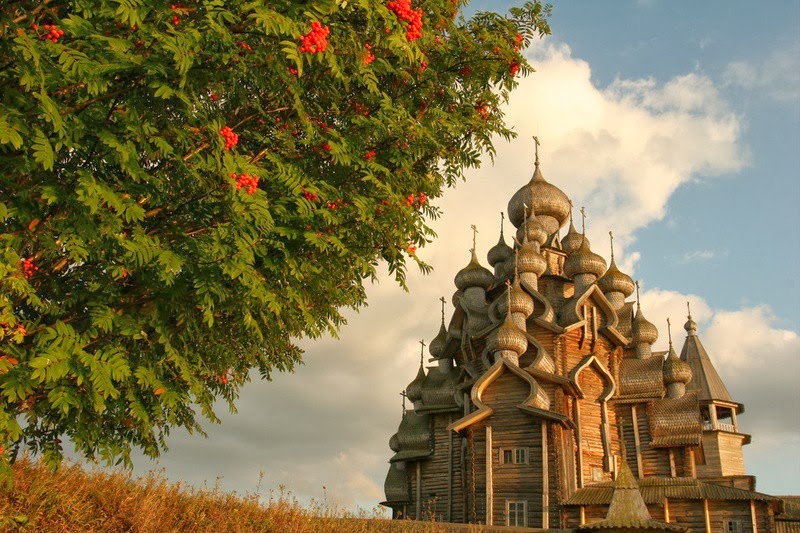 実のなっている木とキジ島の木造教会