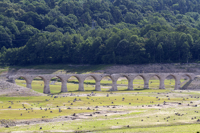 緑の中に建つタウシュベツ川橋梁