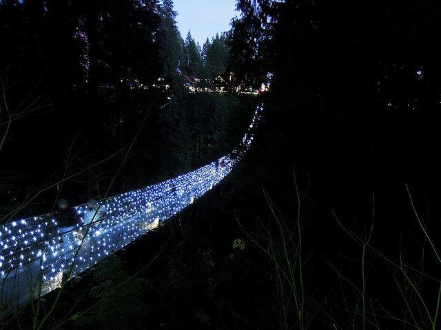 ライトアップされたキャピラノの吊り橋