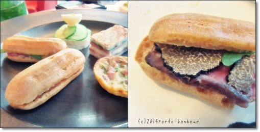 アンダーズ東京のアフタヌーンティーセットのセイボリーとローストビーフ トリュフ クレソンのエクレアのアップ